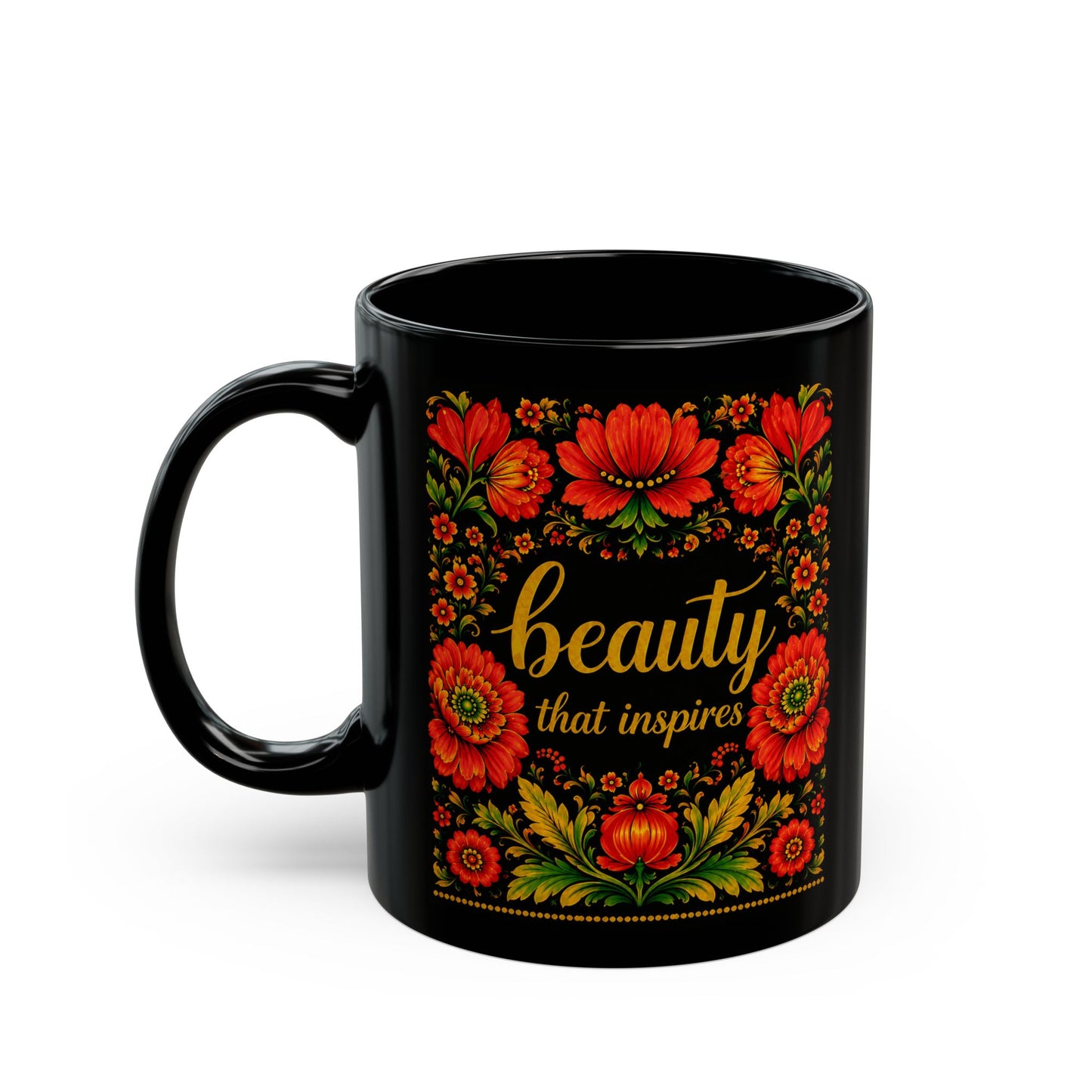 Beauty That Inspires Black Ceramic Mug | Ukrainian Petrykivka Floral Coffee Mug | Gift for Her