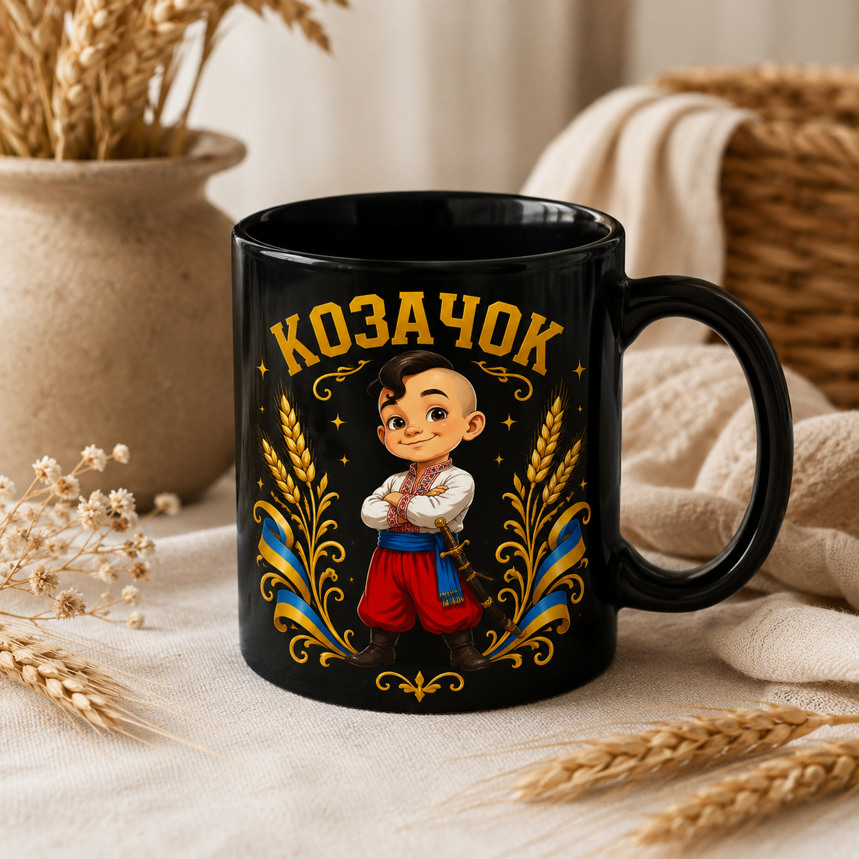 Cossack Kid Black Coffee Mug – Ukrainian Kozachok Design