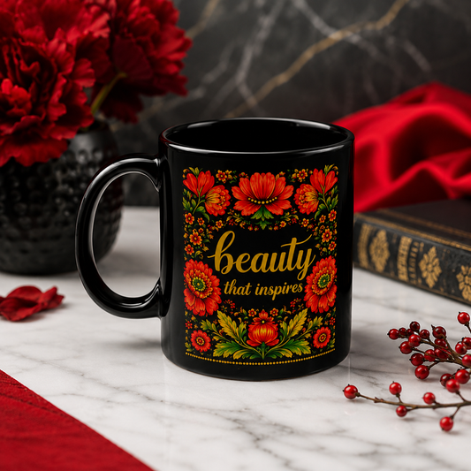 Beauty That Inspires Black Ceramic Mug | Ukrainian Petrykivka Floral Coffee Mug | Gift for Her