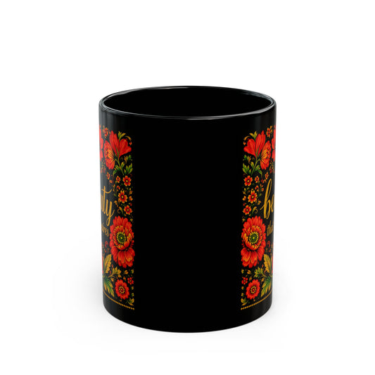 Beauty That Inspires Black Ceramic Mug | Ukrainian Petrykivka Floral Coffee Mug | Gift for Her
