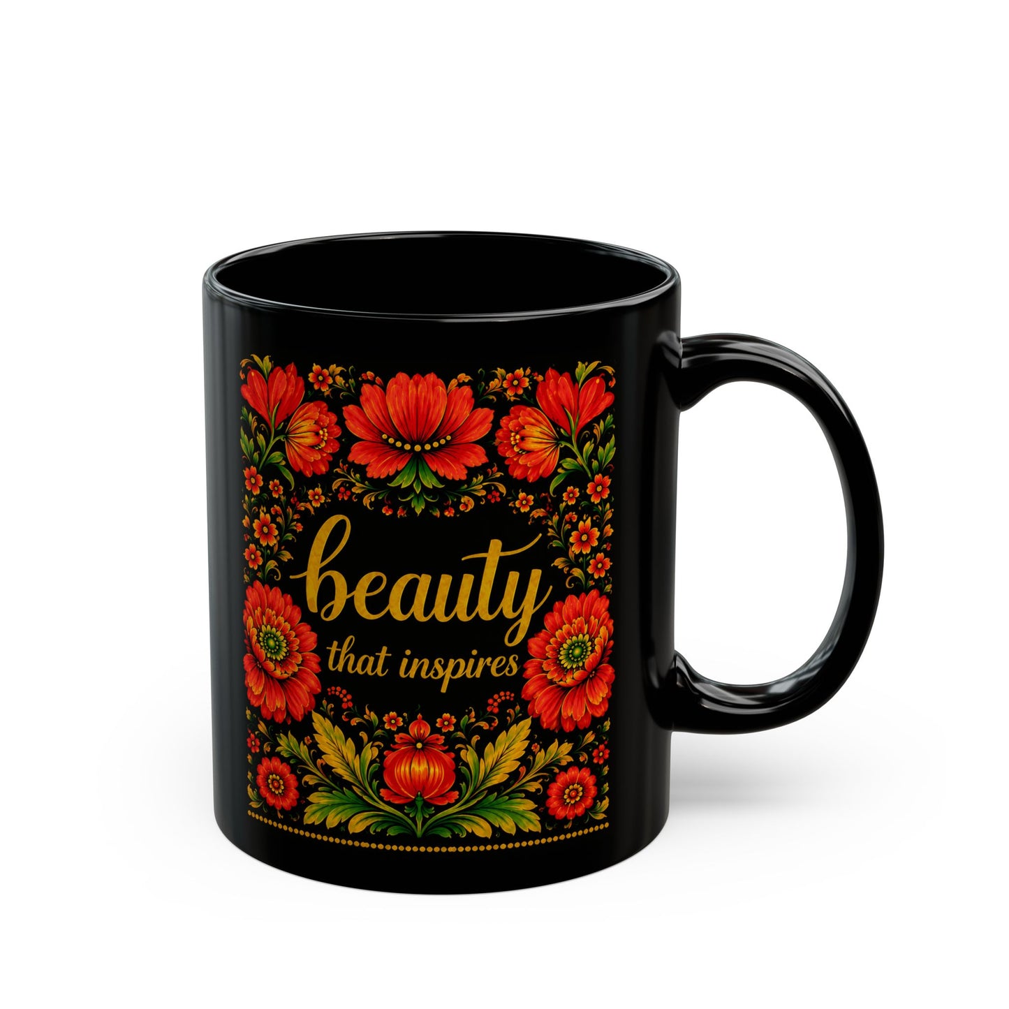 Beauty That Inspires Black Ceramic Mug | Ukrainian Petrykivka Floral Coffee Mug | Gift for Her